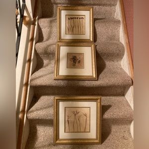 Wall Art: Set of 3 Gold Wood Framed Matted Square Prints